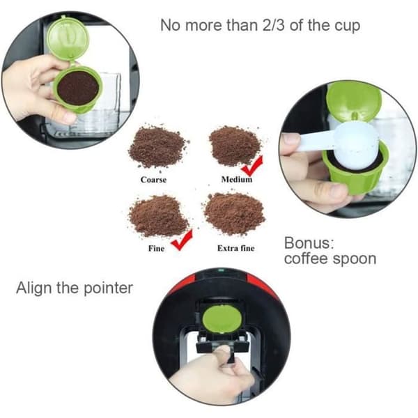 Återanvändbara kaffekapslar - Dolce Gusto - Påfyllningsbara - 3 stycken - Grön - Inkluderar: Sked och borste