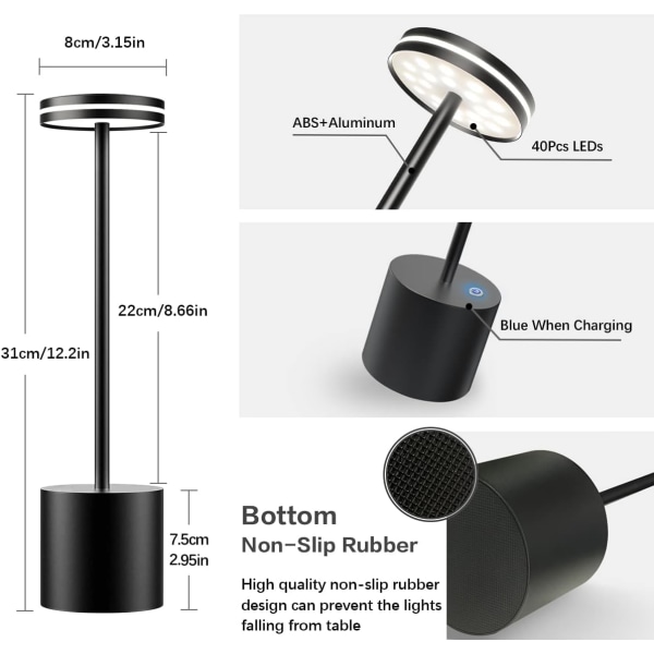 Uppladdningsbar sladdlös LED-bordslampa, 5000mAh batteridriven bordslampa, 3 färglägen, dimbar, USB-skrivbordslampa för hem, matsal, inomhus, utomhus Black