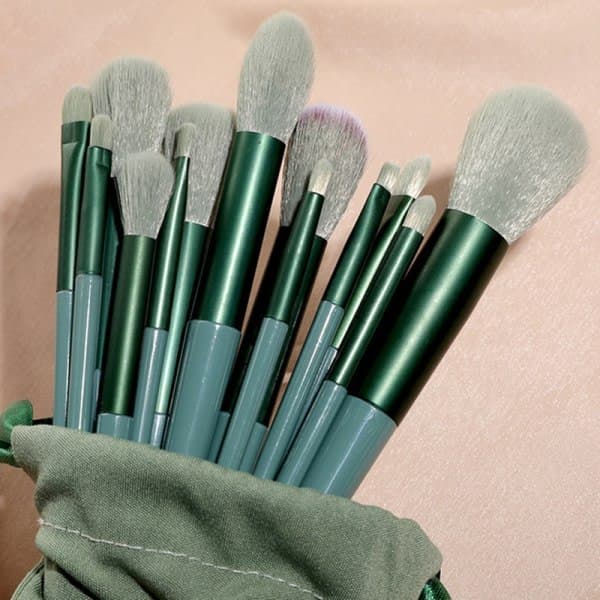 13-pack Sminkborste Set Skönhetsmakeup Verktyg Borstar Grön med väska