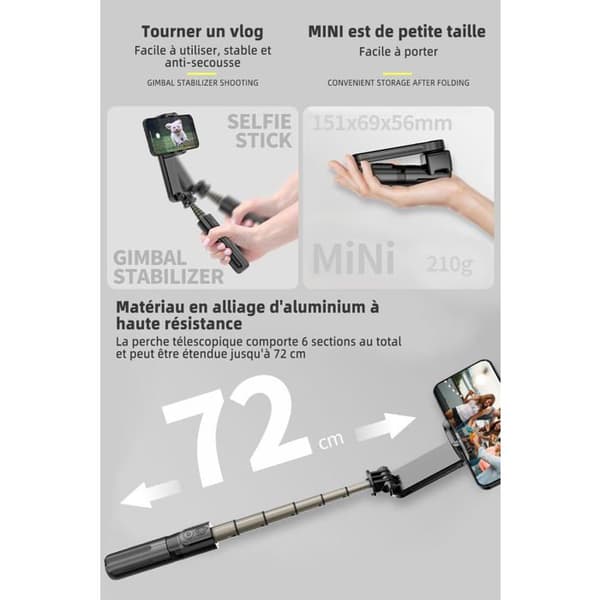 Smarttelefonstabilisator med fylllys og fjernkontroll, selfiestang for vlogging-videoer, kompatibel med Android/iOS
