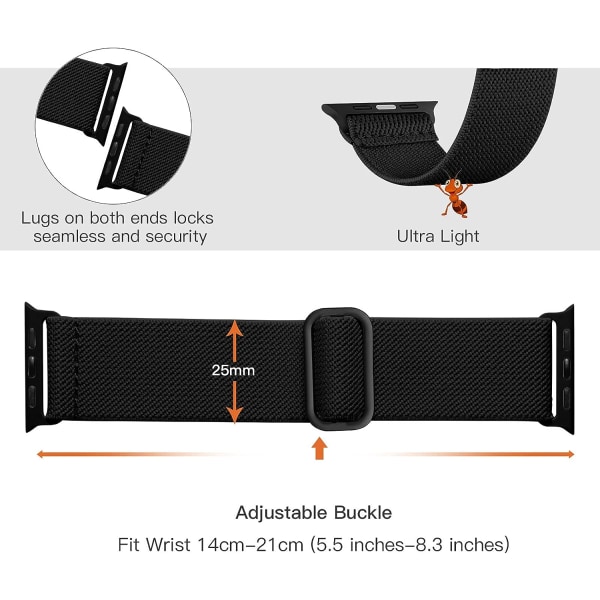 Pakkaus 2 hihna, joka on yhteensopiva Apple Watch rannekkeiden kanssa 42/44/45mm, Nylon Sport Elastic Replacement Solo Loop for iWatch SE Ultra Series 8 7 6 5 , musta/harmaa