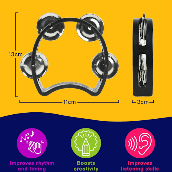 A-Star Lille Halvmåne Plastik Cutaway Design Tamburin, 4 Enkelt Metal Jingle Bells - Sort