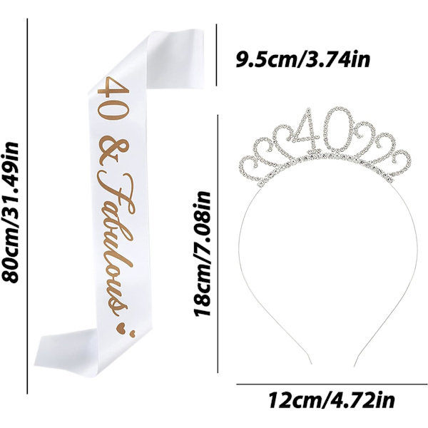 40-årsdag Sash og Tiara for Kvinner 40-årsdag Dekorasjon Krystall Krone Tiara og 40 & Fabulous Bursdag Sash 40-årsdag Kostyme Sett
