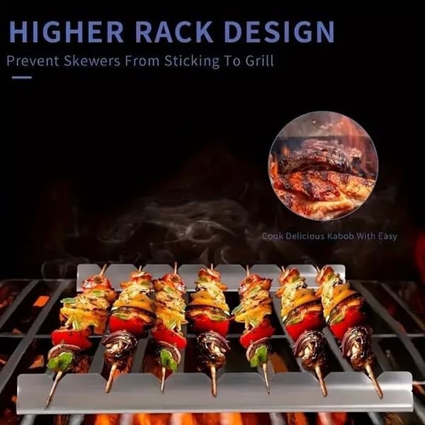 Grillspydholder i rustfrit stål, 2 stk., 6 hakker, 30 x 3 x 4,5 cm, genanvendelig grillspydholder