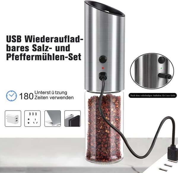 USB-ladattava sähköinen pippurimylly, suuri kapasiteetti, säädettävä