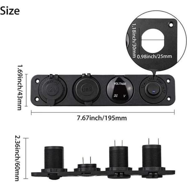 4-i-1 Marine Bryterpanel, 12V 4.2A Dobbel USB-lader Strømuttak og LED Voltmeter og Sigarettenner -