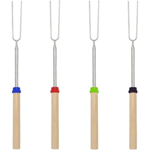 4 teleskopiske skumfiduspinde 31-81 cm. Rustfrit stål, ideel til lejrbål og ristning.