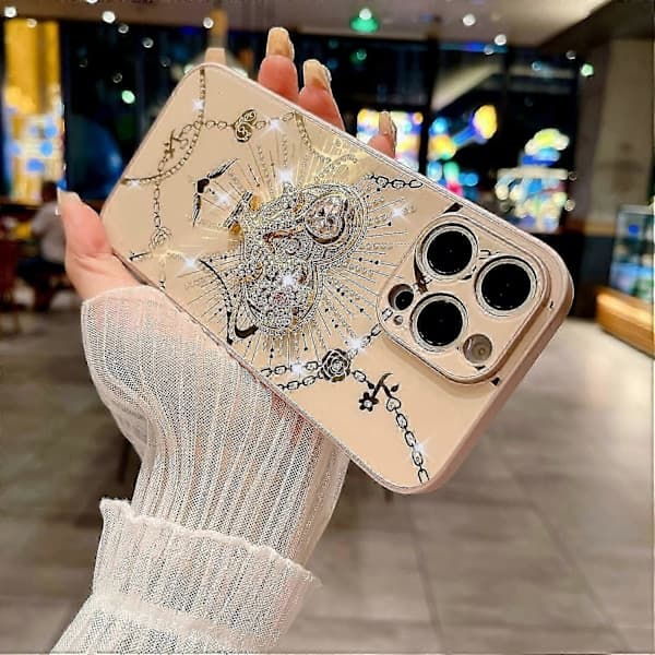 Deksel til iPhone 16 Pro Max med stativ TPU+PC Rhinestones Dekor Telefondeksel - Hvit