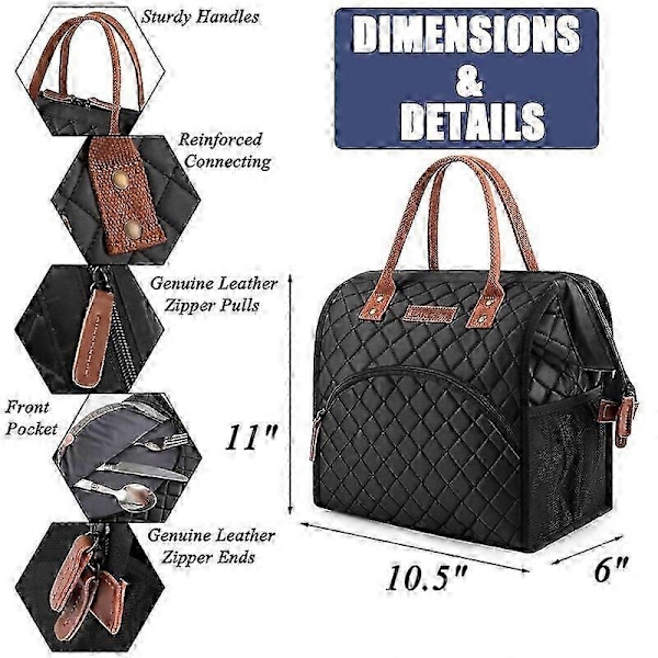 Lokass Lunchväska Isolerad Matlåda Bred Öppning Lunch Tote Väska Stor Dryckeshållare Hållbar Termisk Snacks Organizer Matlådor Totes Black