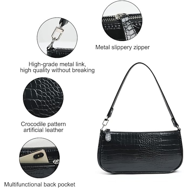 Läder axelväska för kvinnor, Mini handväska med krokodil liten crossbody väska Klassisk för kvinnor 90-talets miniväskor med kedja Black