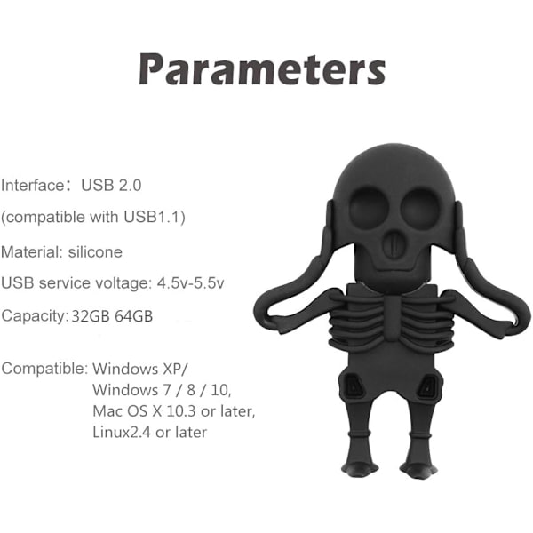 32 GB USB-flashdrev - Tegneserieformet skeletformet hukommelsespind - Nyhedspen-drev - Sejt USB-drev - Fantastiske gaver, sort