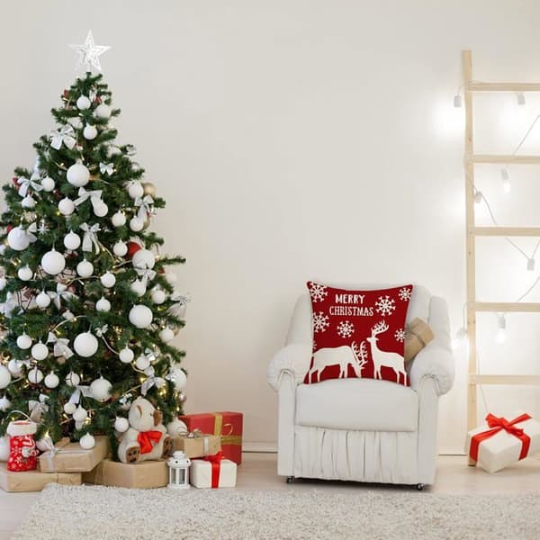 Julkuddfodral 45x45cm, Set om 4 Juldekorativa Kuddfodral i Bomull och Linne för Soffa Jul Sovrum Stol Trädgårdsdekoration Röd