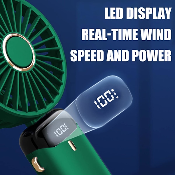 Bärbara Handhållna USB-uppladdningsbara Fläktar med 5 Hastigheter, Batteridriven Minifläkt Hopfällbar Skrivbordsfläkt med LED-Display för Kontor Utomhusresor Green