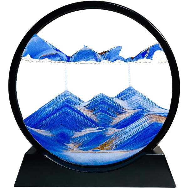 Liikkuva hiekka taidekuva - Hiekkamaalaus Liquid Motion, 3D syvänmeren hiekkamaisema, pyöreä lasikehys näyttö Virtaava hiekka, rentouttava valtameren sisustus (sininen, 7")