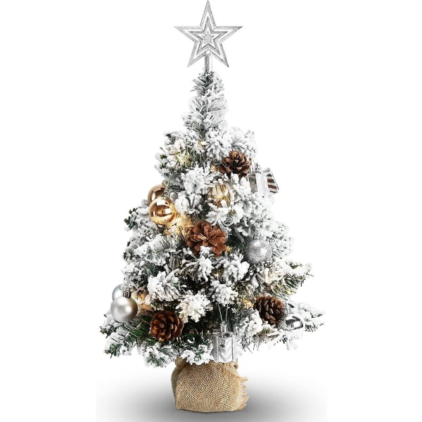 24 tommer 2FT sneklædt mini juletræ, lille bordplade flocket træ med LED-lys, fyrrekogler, bold