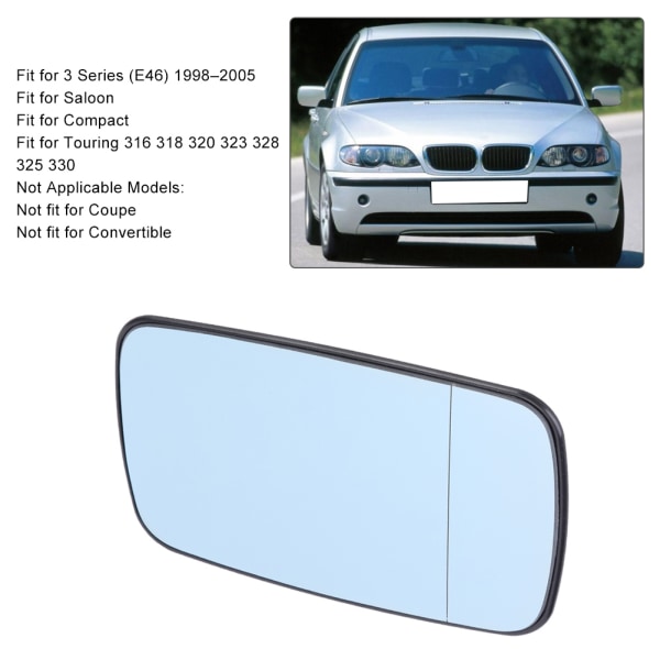 Oikea sininen lämmitettävä siipioven peililasi sopii 3-sarjaan (E46) 1998–2005