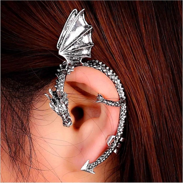 Dragon Wing Ear Cuff -korvakorut - Punk hopeametalliset lohikäärmekorvakorut lävistämättömiin korviin