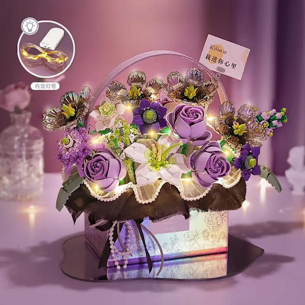 Loz nya rosa rosbukett modellbyggstenar lila blomma luminescens passar presentask tegelstenar pojkar flickor julklappar present Purple no box