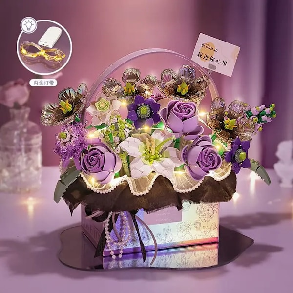 Loz nya rosa rosbukett modellbyggstenar lila blomma luminescens passar presentask tegelstenar pojkar flickor julklappar present Purple with box
