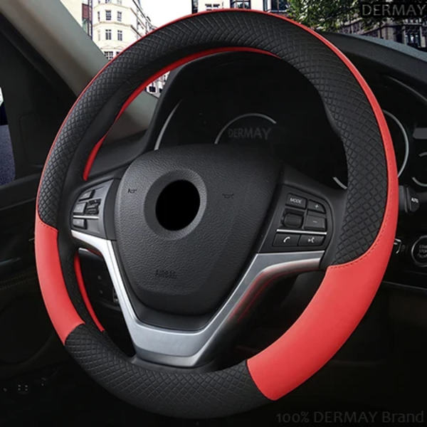 100% Dermay Märkesläder Universal Bilrattstyrningsöverdrag 37cm-38cm Bilstyling Sport Auto Rattöverdrag Halkskydd Red