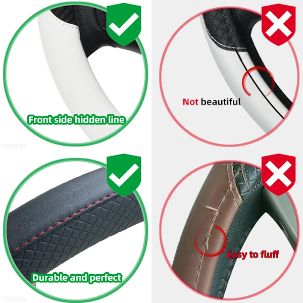 100% Dermay Märkesläder Universal Bilrattstyrningsöverdrag 37cm-38cm Bilstyling Sport Auto Rattöverdrag Halkskydd WHITE