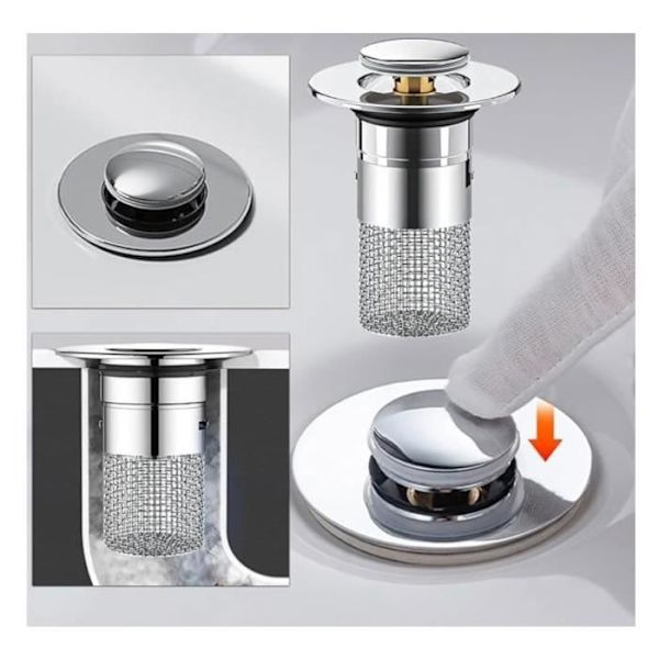 2-pack golvbrunnsfilter i rostfritt stål, silplugg med hårfilter, pop up-propp med 2 packningar