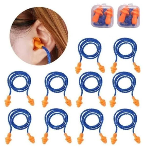 10 par återanvändbara silikonöronproppar med sladd för brusreducering och hörselskydd (orange)