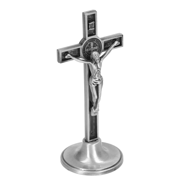 Katolsk kors håndlaget sinklegering metall vertikalt katolsk krusifiks veggkors med avtagbar base sølv