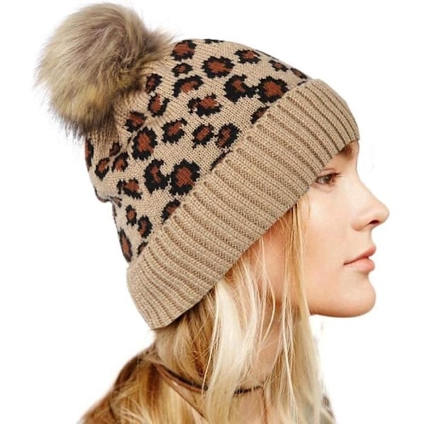 Pompom-mössa för dam - Leopardtryck - Varm stickad ull - Skidaccessoar - Akrylfiber Brown