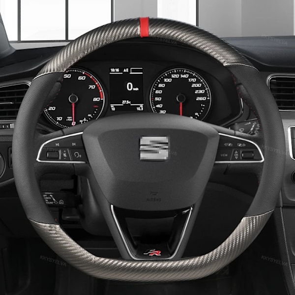 Kolfiber+läder rattöverdrag halkfritt 38cm för Seat Tarraco Arona Ateca Ibiza Toledo Mii Leon Arosa Exeo ST FR BLACK O SHAPE