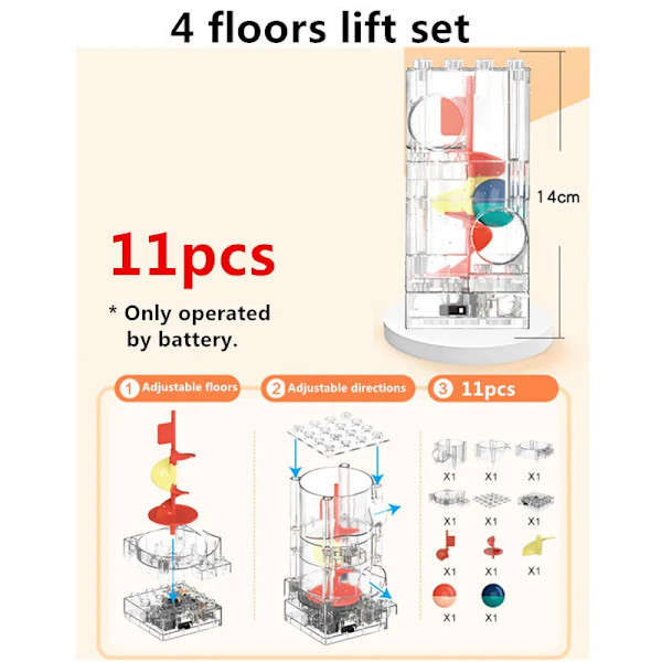 Höjdjusterbar elektrisk kullagerbana lyft berg-och-dalbana transparent spiralhiss kompatibel med stora byggklossar 4 floors lift
