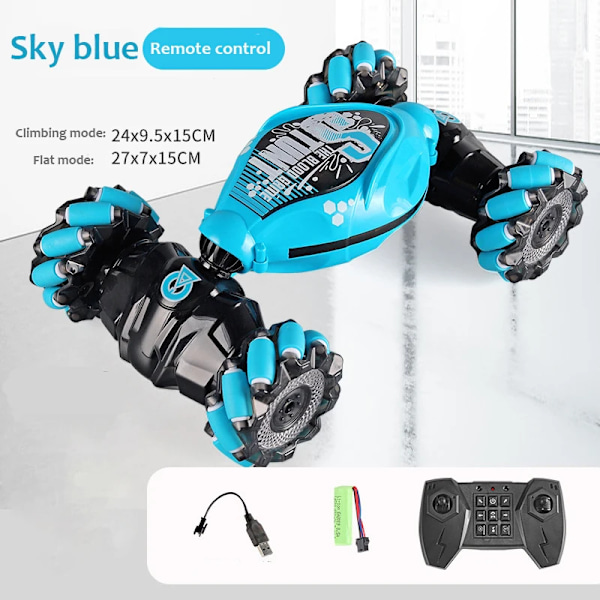 1:16 RC-bil med LED-ljus, geststyrd deformation, vridning, 360° roterande klätterbil, fjärrstyrd bil, pojkleksaker, present Blue No Watch