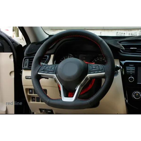 Aosrrun svart läder handsydd rattöverdrag för Nissan Kicks X-Trail March Rogue Qashqai Serena 2017 2018 2019 RED LINE