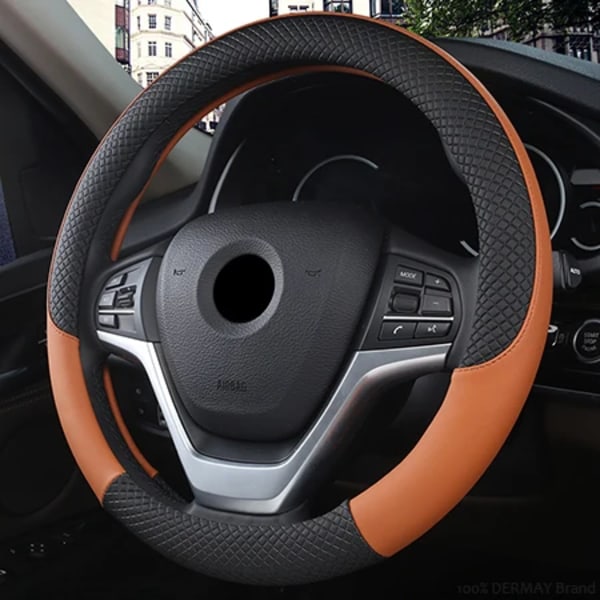 100% Dermay Märkesläder Universal Bilrattstyrningsöverdrag 37cm-38cm Bilstyling Sport Auto Rattöverdrag Halkskydd Brown