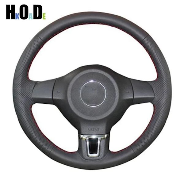 Handsydd svart konstläder rattöverdrag för Volkswagen Golf 6 MK6 VW Polo MK5 2010 2011 2012 2013