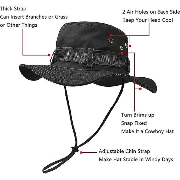 Utendørs Bred Brems Svart Fjellklatring Hat M (56-58cm) - Dobbeltlags Army Style Jungle Sun Hat for fiske, jakt, camping