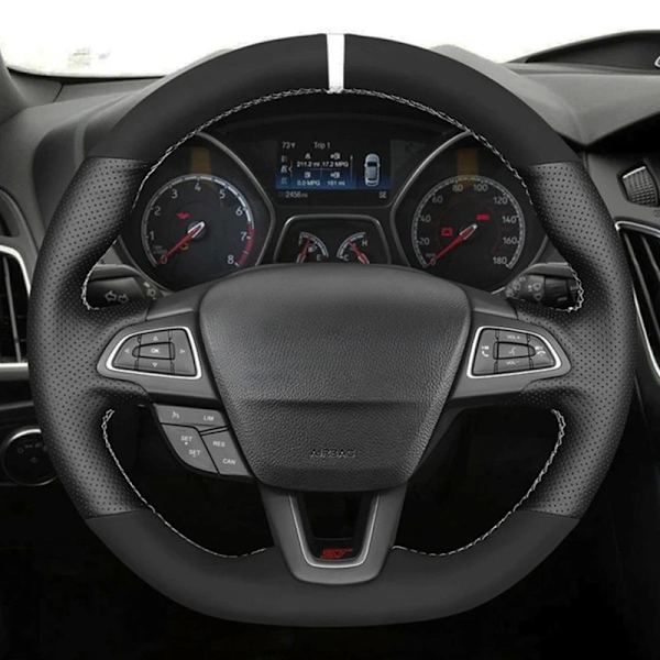 Svart äkta läder mocka rattöverdrag biltillbehör för Ford Focus (RS | ST | ST-Line) 2015-2018 Kuga Ecosport