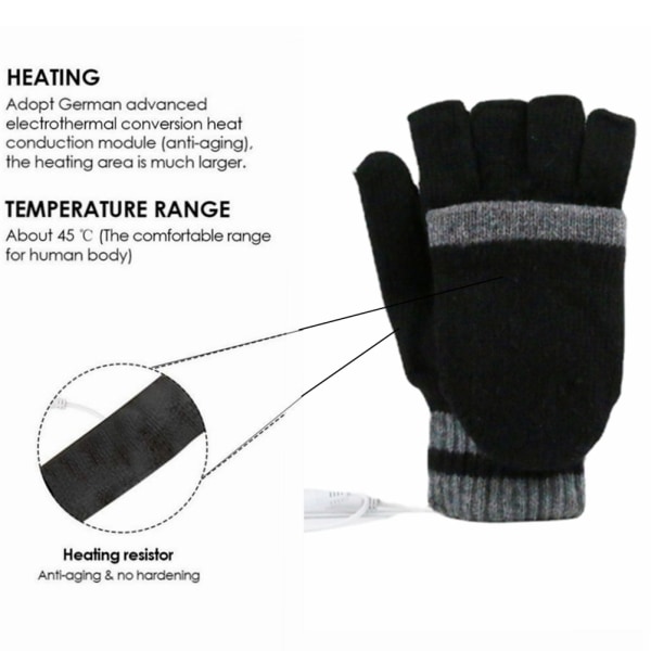 USB-oppvarmede hansker for menn kvinner Vintervarme bærbare hansker Hele halve hender oppvarmede fingerløse hansker Vaskbar design