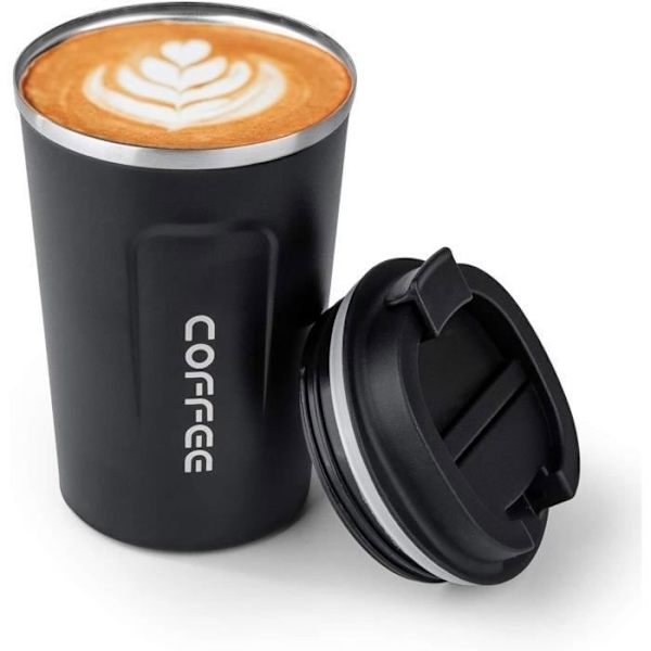 Isolerad Mugg - Rostfritt Stål - 380 ml - Läcksäker - BPA-fri - Svart Black