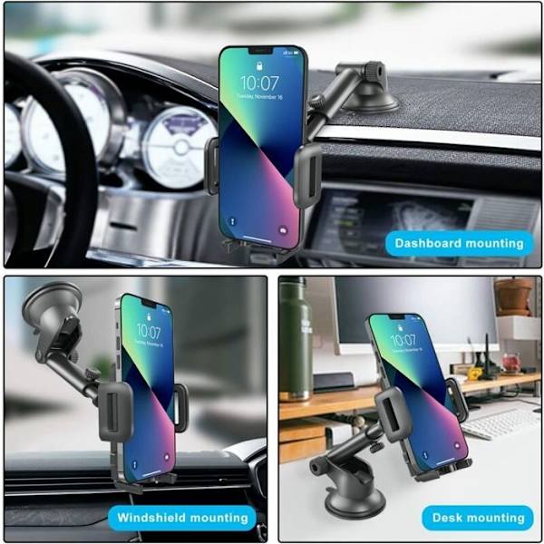 Biltelefonhållare, instrumentbrädesfäste, universell 360° roterbar, utdragbar arm med enknappsfunktion