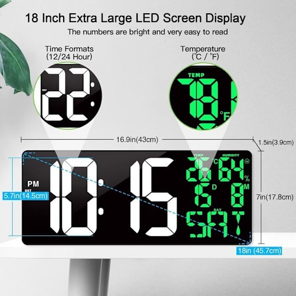 16\" LED Digital Väggklocka Stor Display Med Fjärrkontroll Stor Skärm Timer Nedräkningstimer Black