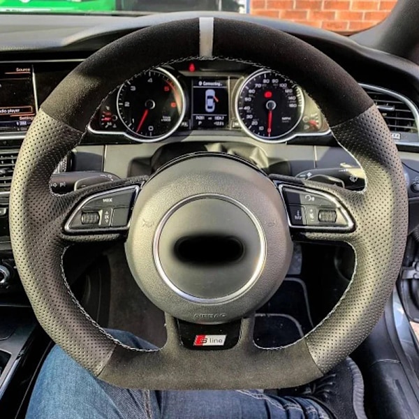 Svart mocka kolfiber läder rattöverdrag rattfläta för Audi A5 A7 RS7 S7 SQ5 S6 S5 RS5 S4 RS4 S3 2012-2018 Style 4