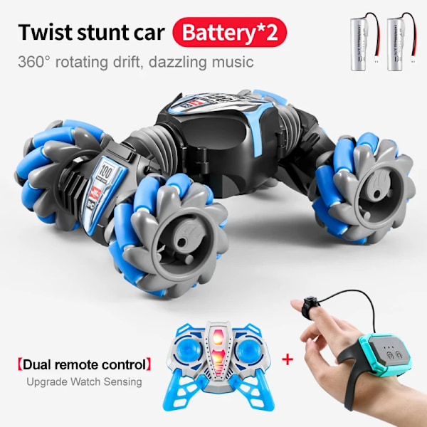 Senaste 4WD fjärrstyrd stuntbil 2.4G trådlös RC driftbil LED-lampor titta på geststyrning roterande leksak för barn blue double 2B