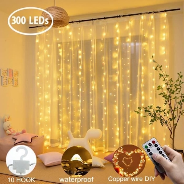 300 LED Gardinljusslinga USB-driven Fairy Lights med fjärrkontroll 8 lägen för fönsterdekoration, fest, bröllop
