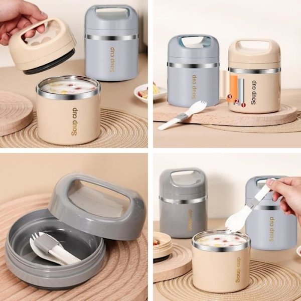 Isolerad matbehållare - Termos - Rostfritt stål - 450 ml - Portabel - Ljusgrå Light gray