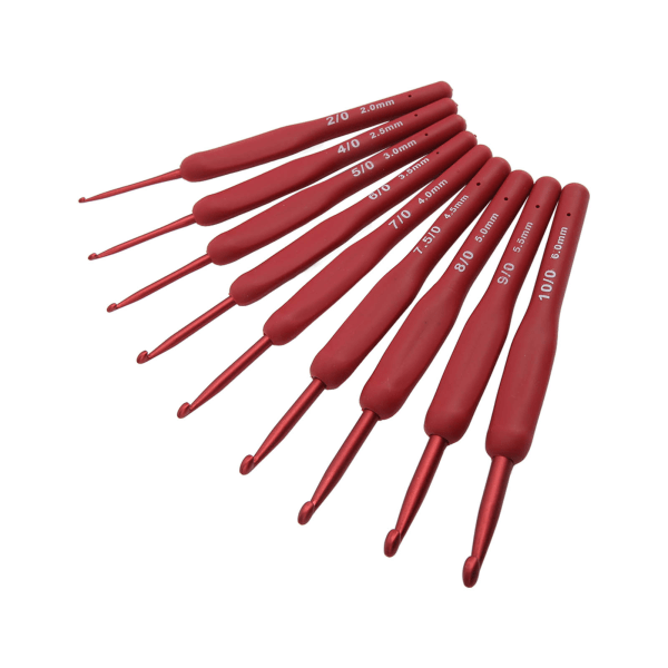 9 stk hæklenåle Rødt håndtag Genkendelige tal Ergonomisk design Aluminiumsmateriale Strikkepindesæt