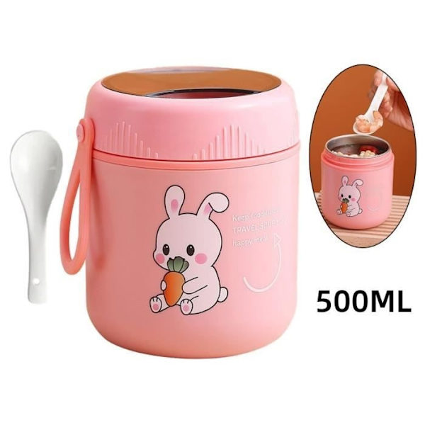 Isolerad matbehållare - Rostfritt stål - 500 ml - Rosa (Kanin) - Läcksäker - Vikbar sked Rose (Rabbit)