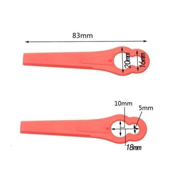 Förpackning med 100 Ersättningsblad i Plast för kompatibel med Florabest Lidl Grästrimmer, Längd 83mm