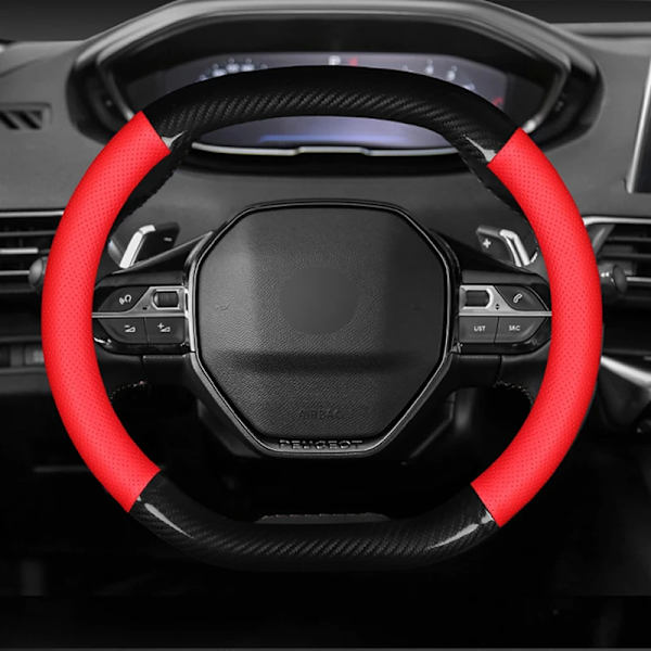 Kolfiber och ko-läderfläta för rattöverdrag till Peugeot 3008 4008 5008 black