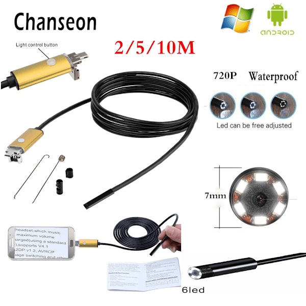 Endoskop 7mm lins OTG USB Android guld adapter HD kamera orm rör inspektions boroskop telefon industriell endoskop Black 5M